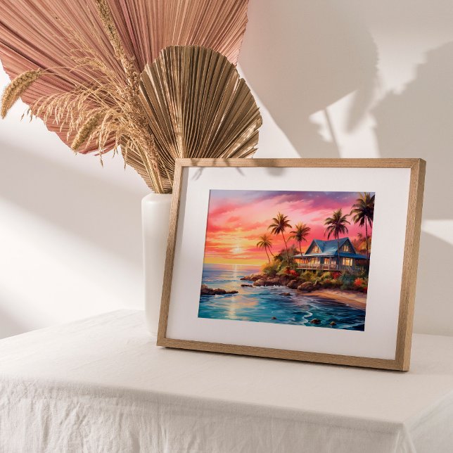 Charming Cottage Sjölandskap Tranquil Sunset Poster (A serene sunset seascape adorned with a charming coastal cottage.)