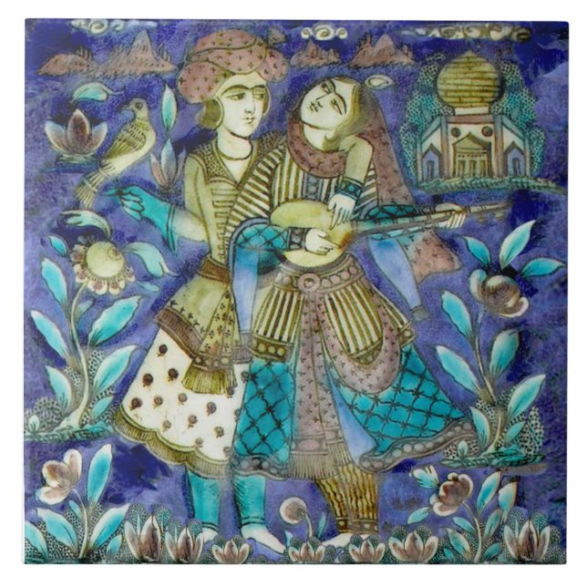 Charming Couple w/Bird, Lute Persian 1800s Repro Kakelplatta (Framsidan)