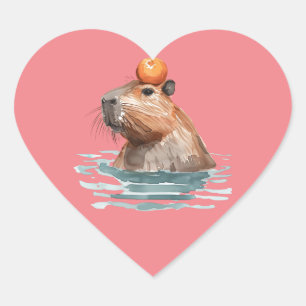 Charming Cute Capybara med Orange Hjärtformat Klistermärke