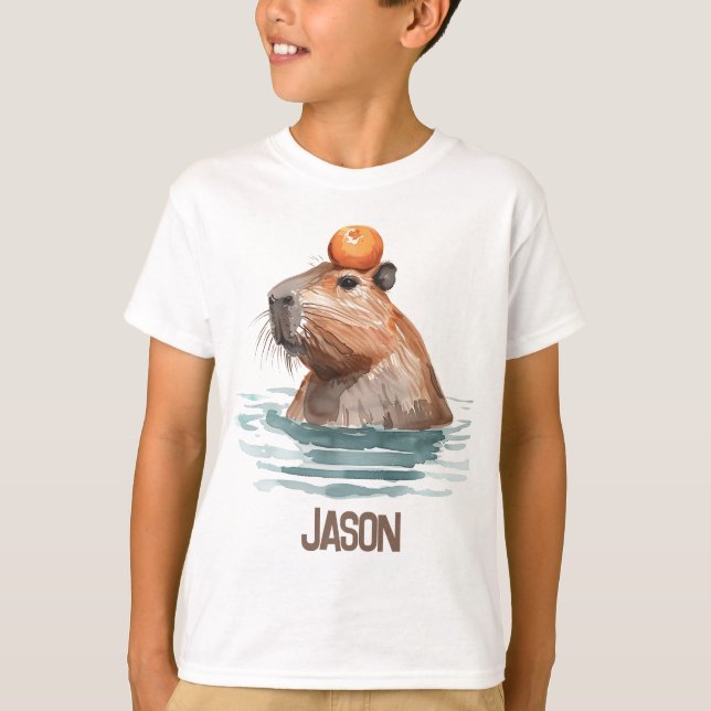 Charming Cute Capybara med Orange och Kids Namn T Shirt (Framsida)