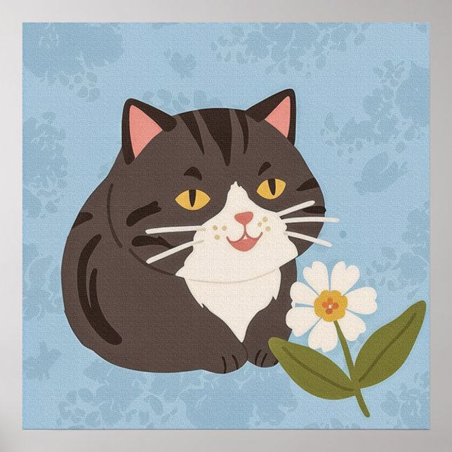 Charming Cute Grått Cat med en Chamomile FLower Poster (Framsidan)