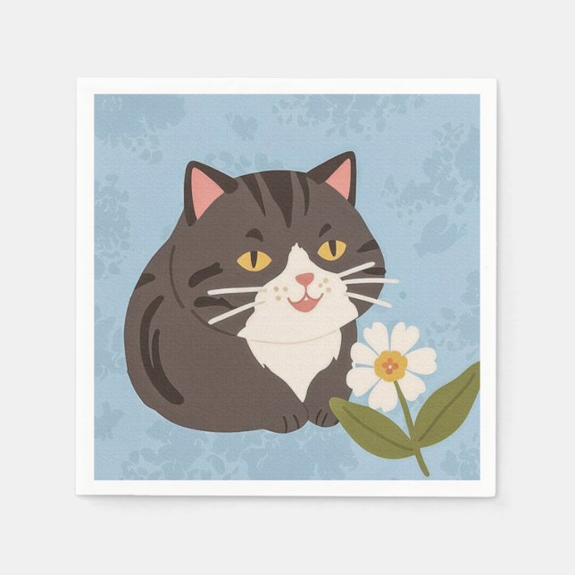 Charming Cute Gray Cat with a Chamomile FLower Pappersservett (Framsidan)