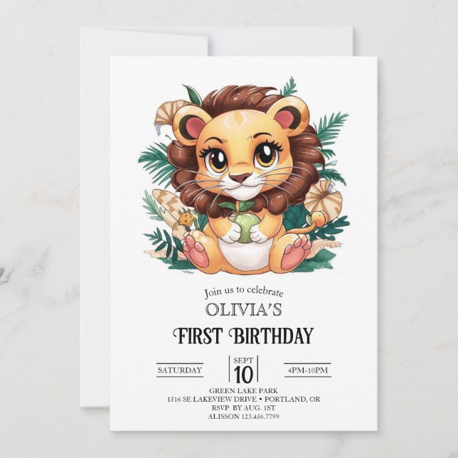 Charming Cute Lejon 1:a födelsedag Digital Inbjudningar (Framsida)