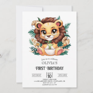 Charming Cute Lejon 1:a födelsedag Digital Inbjudningar