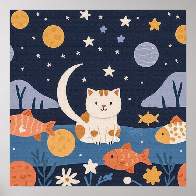 Charming Cute Little Kitten bland Stars och Fish Poster (Framsidan)