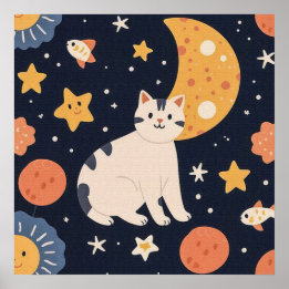 Charming Cute Little Kitten bland Stars och Fish Poster