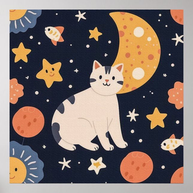 Charming Cute Little Kitten bland Stars och Fish Poster (Framsidan)