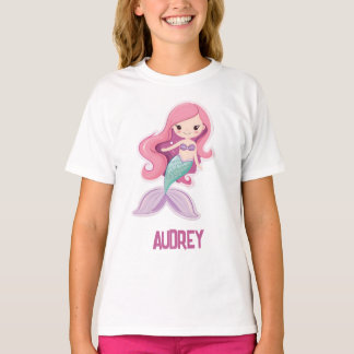 Charming Cute Pastel Sjöjungfru med Kids Namn T Shirt