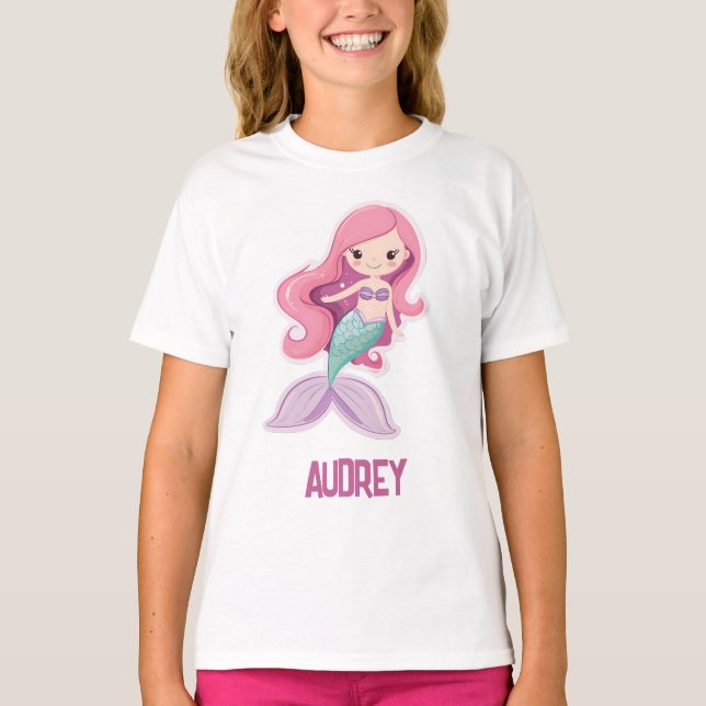 Charming Cute Pastel Sjöjungfru med Kids Namn T Shirt (Framsida)
