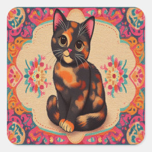 Charming Cute Tortoiseshell Cat Vibrant Gräns Fyrkantigt Klistermärke