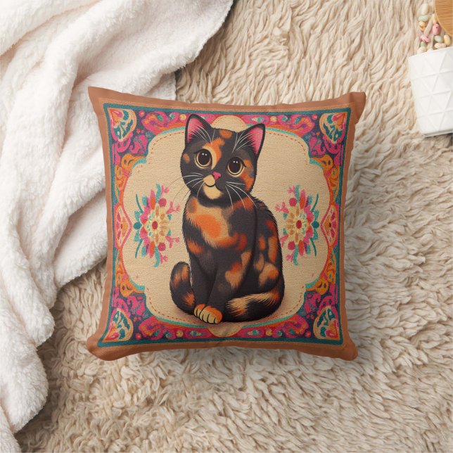 Charming Cute Tortoiseshell Cat Vibrant Gräns Kudde (Filt)
