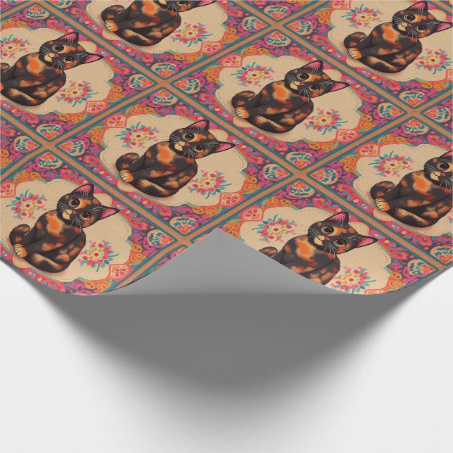 Charming Cute Tortoiseshell Cat Vibrant Gräns Presentpapper (Hörn)