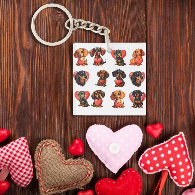 Charming Dachshund med Red Heart Watercolor (Charming Dachshund with Red Heart Watercolor Keychain)