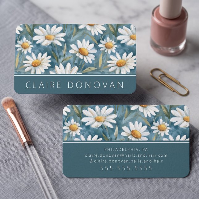 Charming Daisy Blommig Visitkort (Simulated business cards on table)