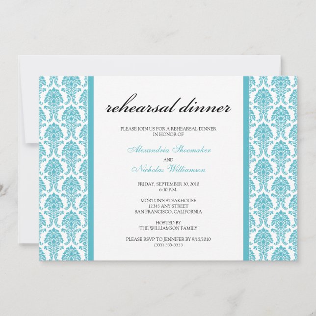 Charming Damask Rehearsal Dinner Inbjudan (aqua) (Framsida)