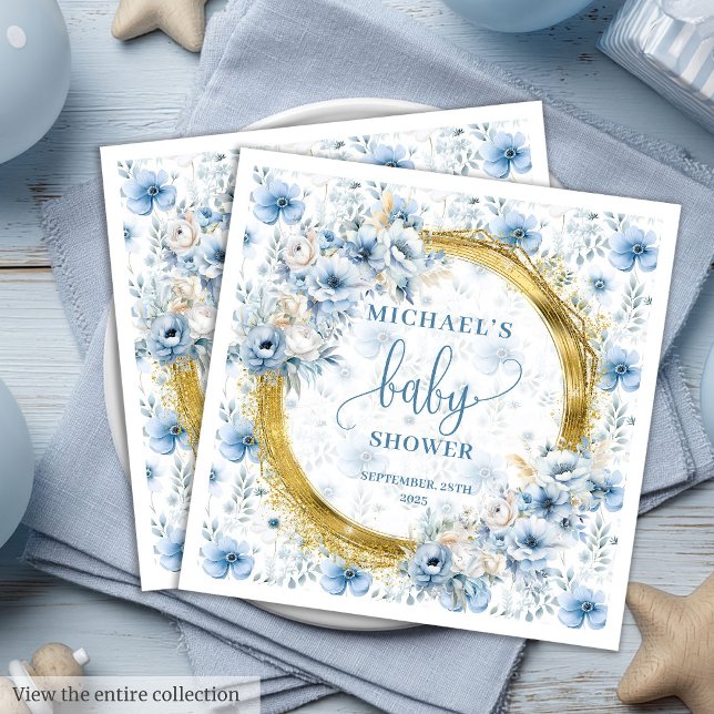 Charming damm blåa blommor guld babydusch pappersservett (Charming dusty blue flowers gold baby shower nap Paper Dinner Napkins )