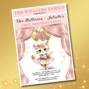 Charming Dancing Kitten Photo First Birthday Girl Inbjudningar