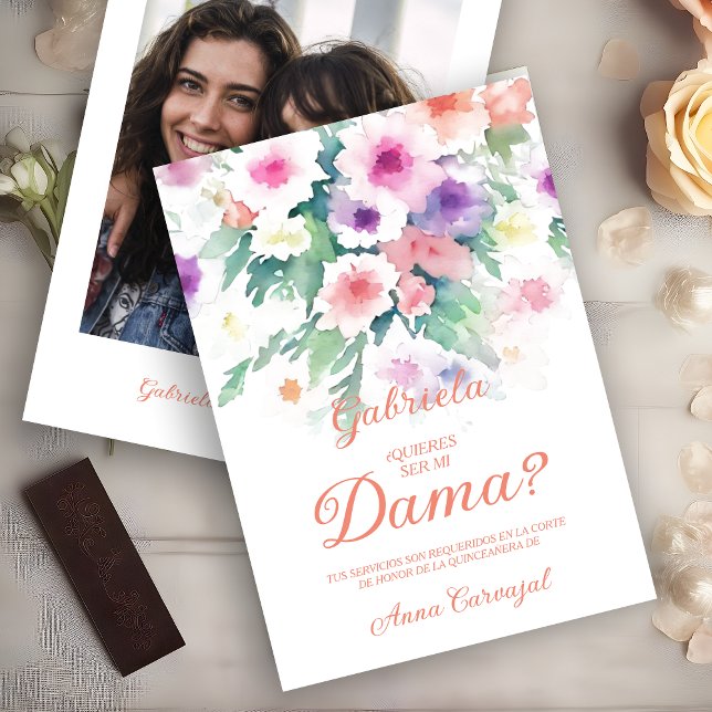 Charming Delicate Colorful Wildflowers Quinceañera Inbjudningar (Peach Spanish Charming Delicate Colorful Wildflowers Quinceañera Dama with Photo Proposal Card. )