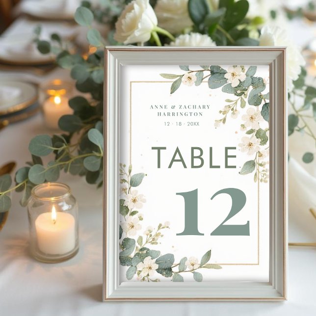 Charming Delicate Flowers & Eucalyptus Wedding Bordsnummer (Charming Delicate Flowers and Eucalyptus Wedding Table Number Cards with Garden Inspired Design. )