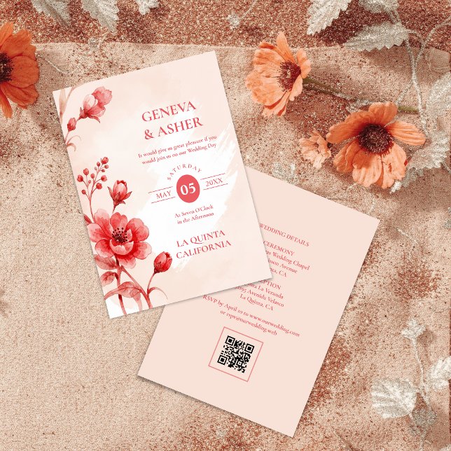 Charming Delicate Flowers Juicy Red Pink Wedding Inbjudningar (Charming Delicate Flowers Juicy Red & Pinky Pink Editorial Wedding Invitation with Back QR Code. )