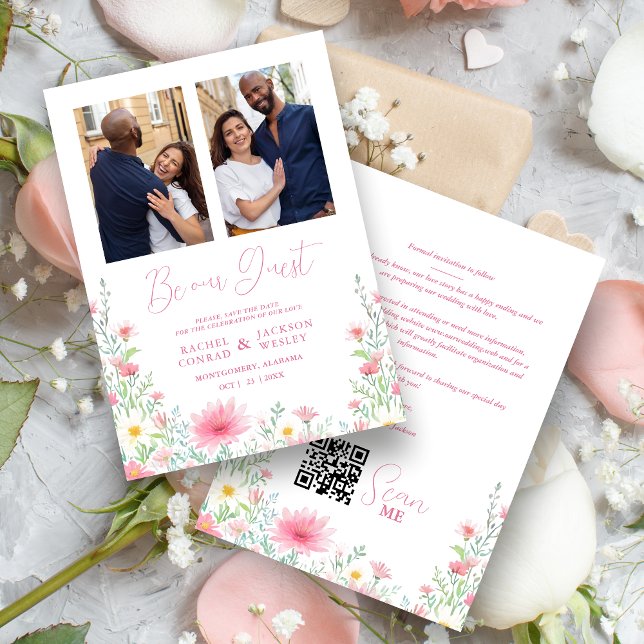 Charming Delicate Pink Shades Wildflowers 2 Photos Spara Datumet (Charming Delicate Pink Shades Wildflowers 2 Photos Collage Wedding Save the Date Card with Envelope.)