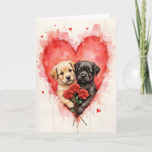 Charming Dogs Valentine Hearts and Red Roses Kort (Framsida)