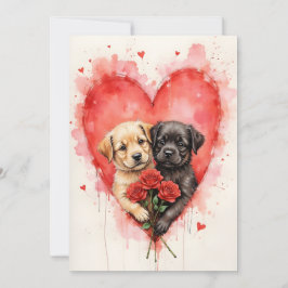 Charming Dogs Valentine Hearts and Red Roses Kort