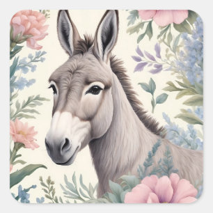 Charming Donkey Pastel Flowers Farm Animal Fyrkantigt Klistermärke