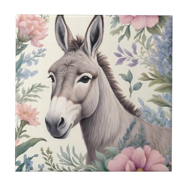 Charming Donkey Pastel Flowers Farm Animal Kakelplatta (Framsidan)