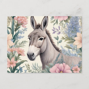 Charming Donkey Pastel Flowers Farm Animal Vykort