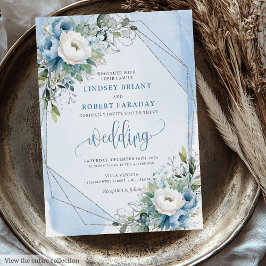 Charming Dusty Blue White Silver Flowers Bröllop Inbjudningar