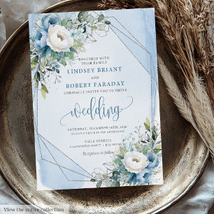 Charming Dusty Blue White Silver Flowers Bröllop Inbjudningar