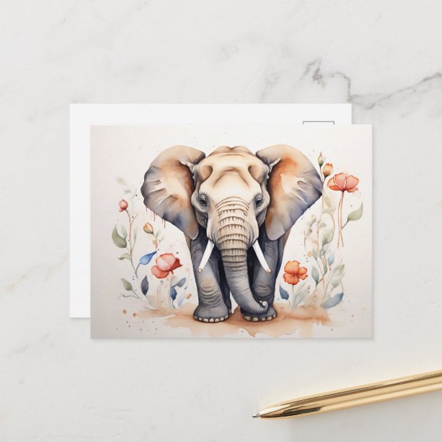 Charming Elephant & Blooms Watercolor Painting Vykort (Fram/Back In Situ)