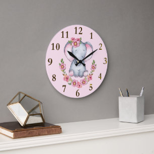 Charming Elephant Rosa Blommigt Animal Print Large Stor Klocka
