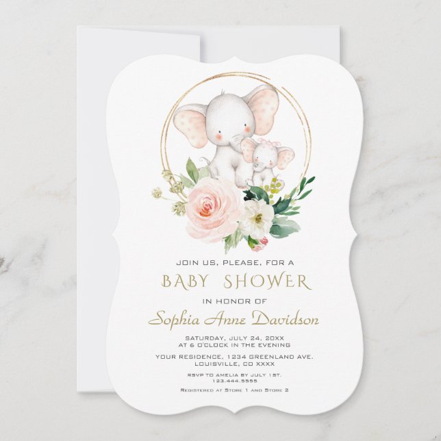 Charming Elephant Rosa Blommigt Baby Shower Inbjudningar (Framsida)