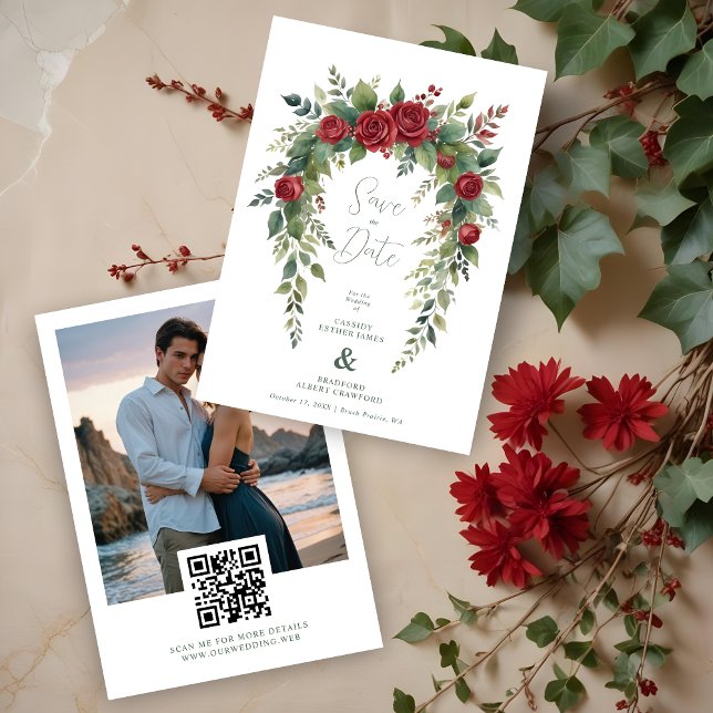 Charming Exquisite Burgundy Roses & Leaves Garland Spara Datumet (Charming Exquisite Burgundy Roses & Leaves Garland Wedding Save the Dates Cards with Photo.)