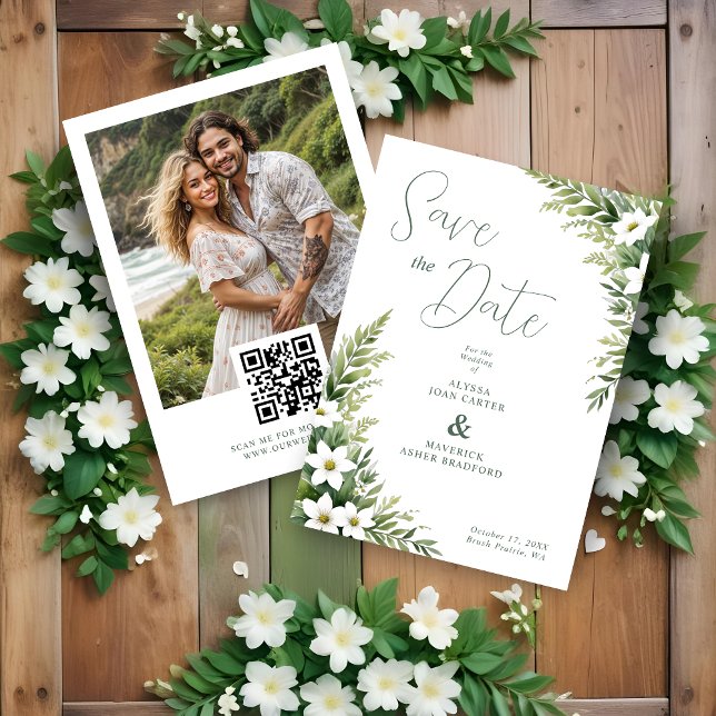 Charming Exuberant Green Foliage Garland Wedding Spara Datumet (Charming Exuberant Green Foliage Leaves Garland Wedding Save the Dates Cards with Photo and QR Code.)