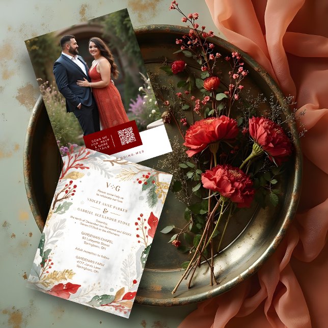 Charming Fall Nature Frame Photo Wedding Inbjudningar (Classic Timeless Elegant Christmas Wedding Wreath Invitation Cards with Back Photo and Modern QR.)