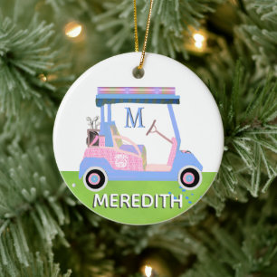 Charming Feminine Golf Cart Klubbs Monogram Namn Julgransprydnad Keramik