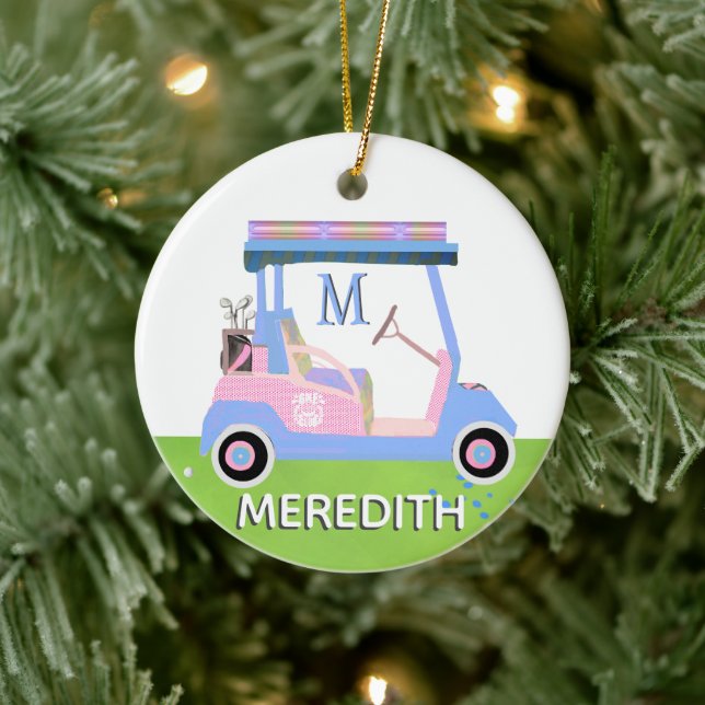 Charming Feminine Golf Cart Klubbs Monogram Namn Julgransprydnad Keramik (Träd)