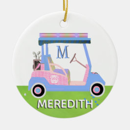 Charming Feminine Golf Cart Klubbs Monogram Namn Julgransprydnad Keramik