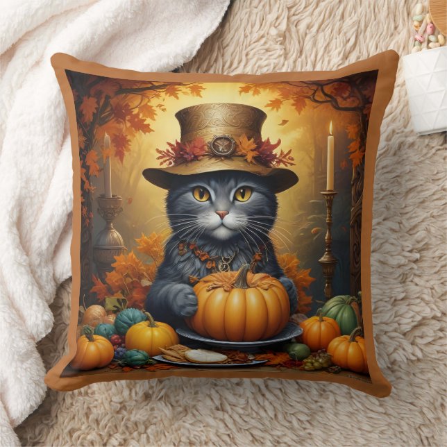 Charming Festive Thanksgiving Cat in Disguise Kudde (Filt)