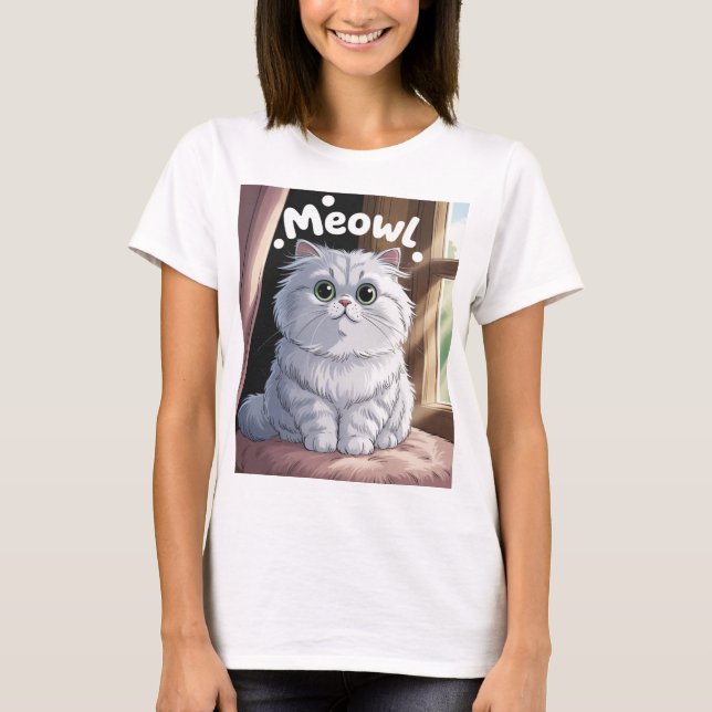 Charming Fluffy White Persian Cat Meow! Fäst T Shirt (Framsida)
