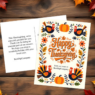 Charming Folk Art Turkey & Pumpkin Thanksgiving Helg Vykort