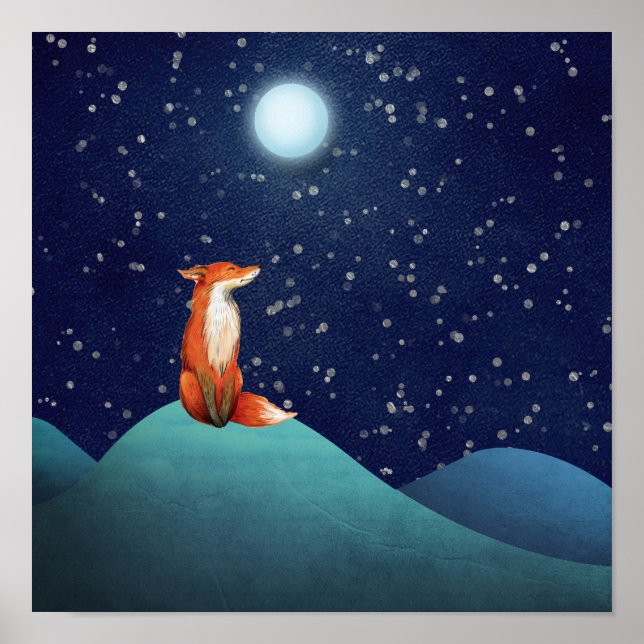 Charming Fox Sitta under full måne Poster (Framsidan)