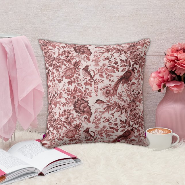 Charming Fransk Toile de Jouy Red Birds & Flowers Kudde (Skapare uppladdad)