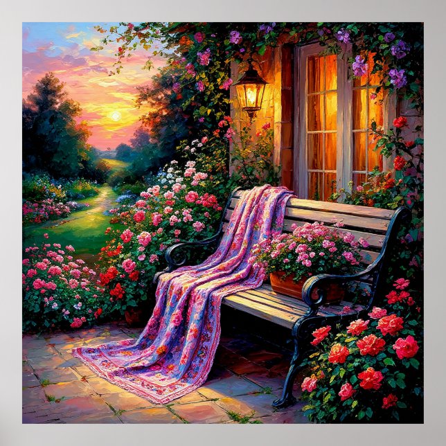 Charming Garden Bench Adorof with Flowers Poster (Framsidan)