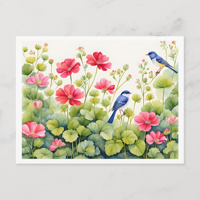 Charming Garden Scene, Bluebirds och Rosa Flower Vykort (Framsida)