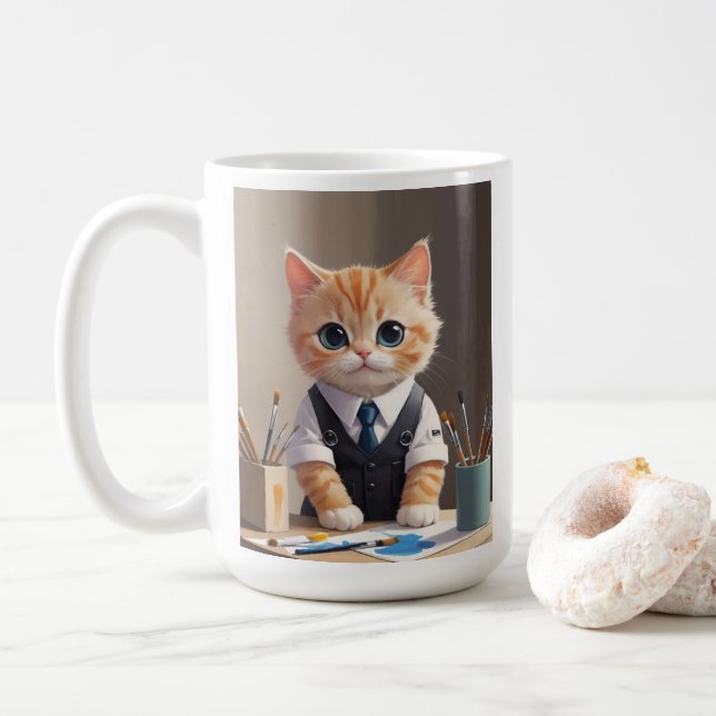 Charming Ginger Cat Artist med Paintpenshes Cute Kaffemugg (Med munk)