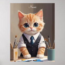 Charming Ginger Cat Artist med Paintpenshes Cute Poster